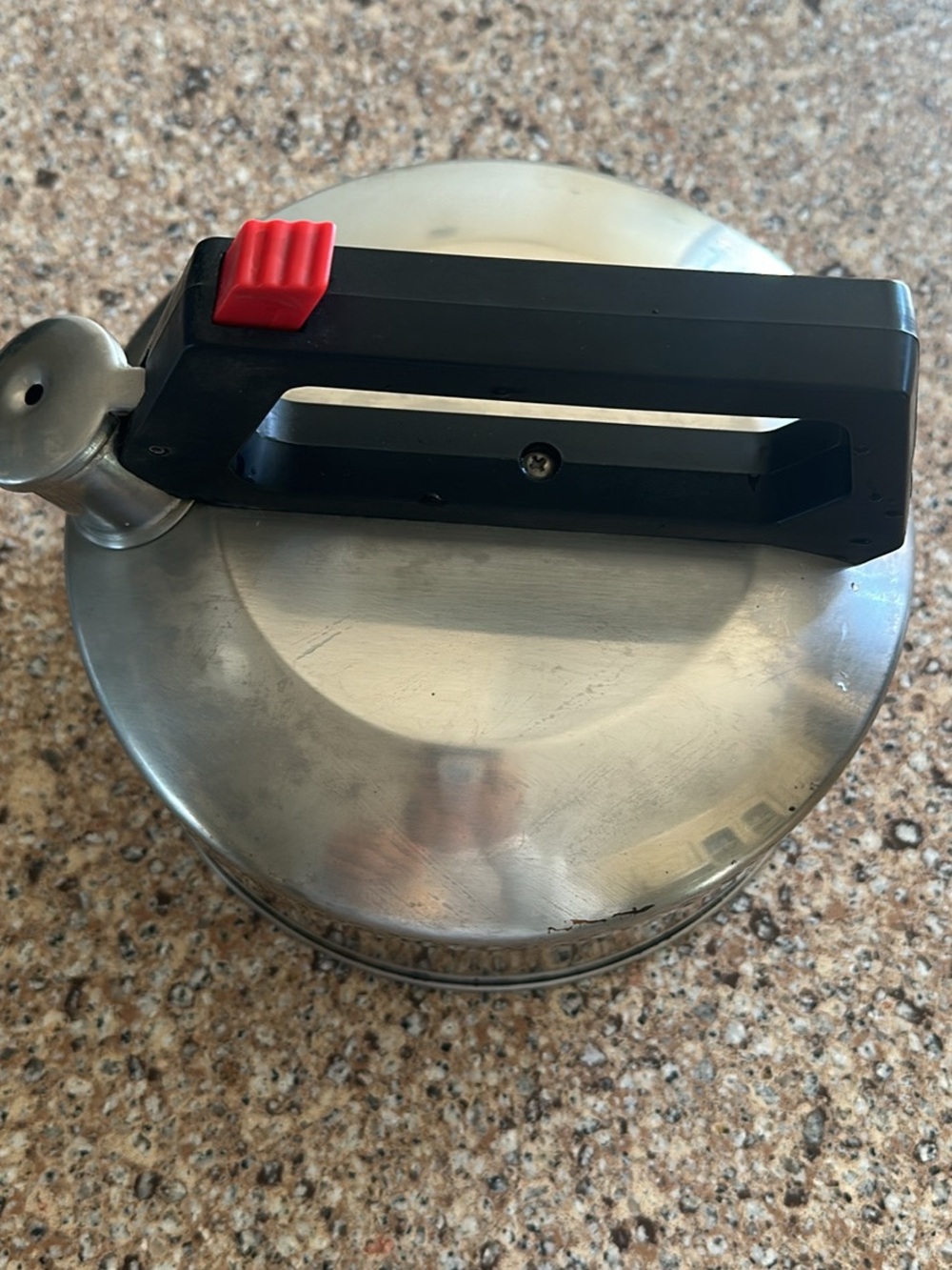 Vintage Farberware StainlessWhistling Tea Kettle w/ Black Handle Red Accent